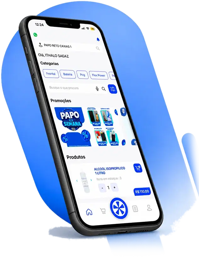 App da Papo Reto aberto na tela inicial, com categorias, promoções e produtos