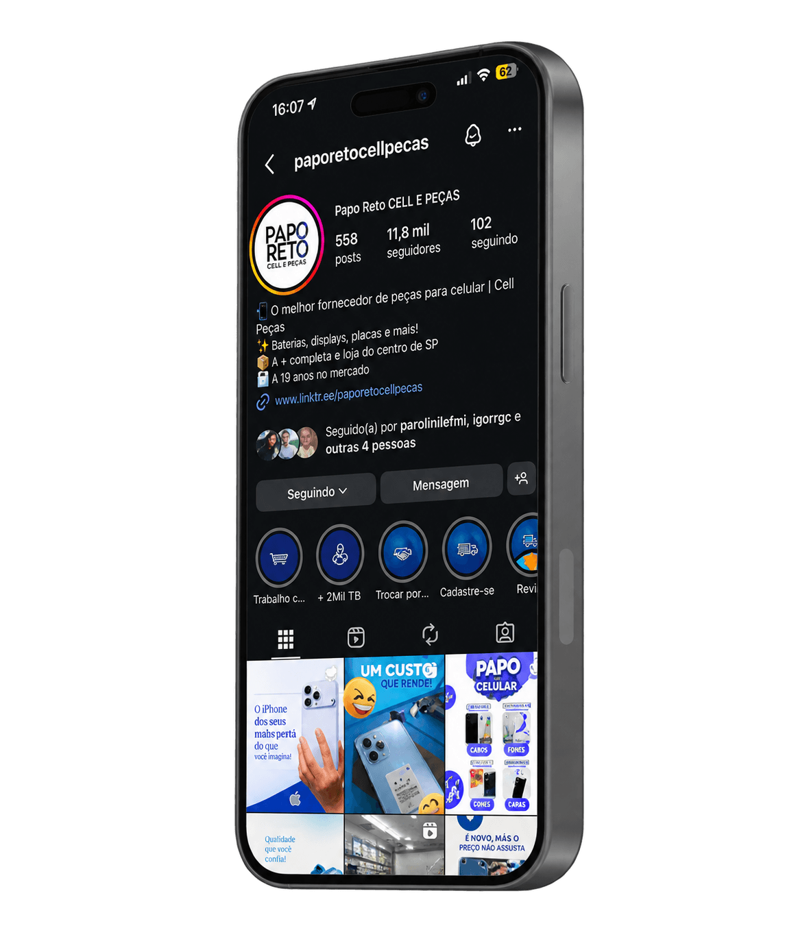 Instagram da Papo Reto Cell Peças em um smartphone